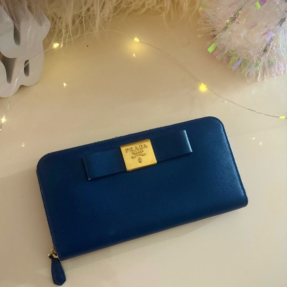 Prada Saffiano Leather Blue Bow Zip Around Long Wallet Gold Hardware - Picture 2 of 7